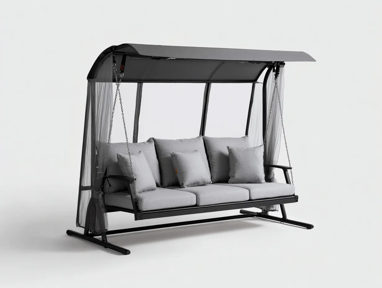 Balancelle de jardin en métal avec auvent et moustiquaire 215x130x175 cm - gris - noir - balancelle extérieure confortable-Roomgetnest