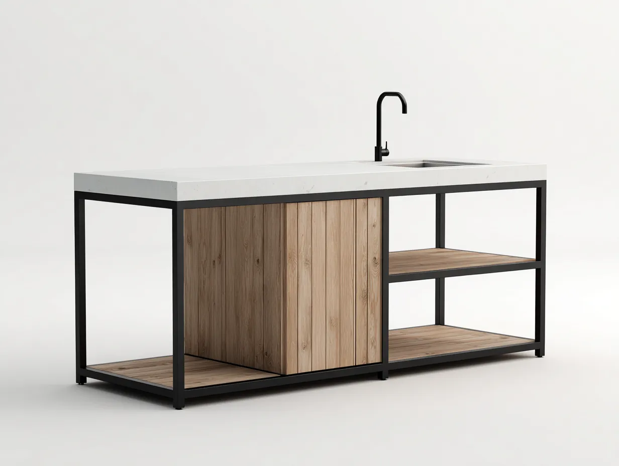 Isola da cucina da esterno-acciaio-legno-180x65x92 cm-nero-legno-design moderno-Loftmyyard