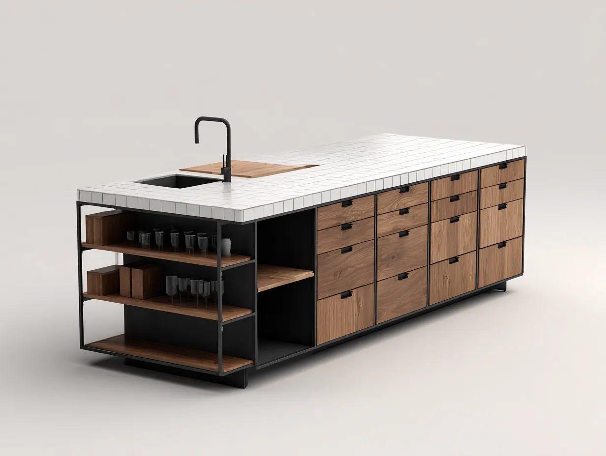 Isola da cucina da esterno-acciaio-legno-200x75x92 cm-nero-legno-design moderno-Loftmyyard