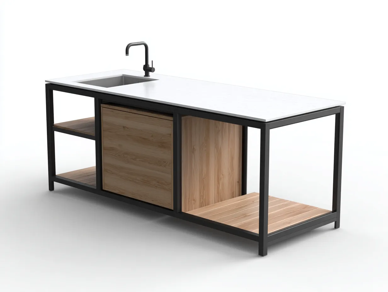 Isola da cucina da esterno-acciaio-legno-185x68x93 cm-nero-legno-design moderno-Loftmyyard