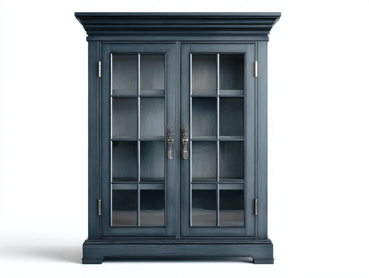 Vitrine-Holz-Glas-98x46x188 cm-Blaugrau-klassisches Design-Sofagobase