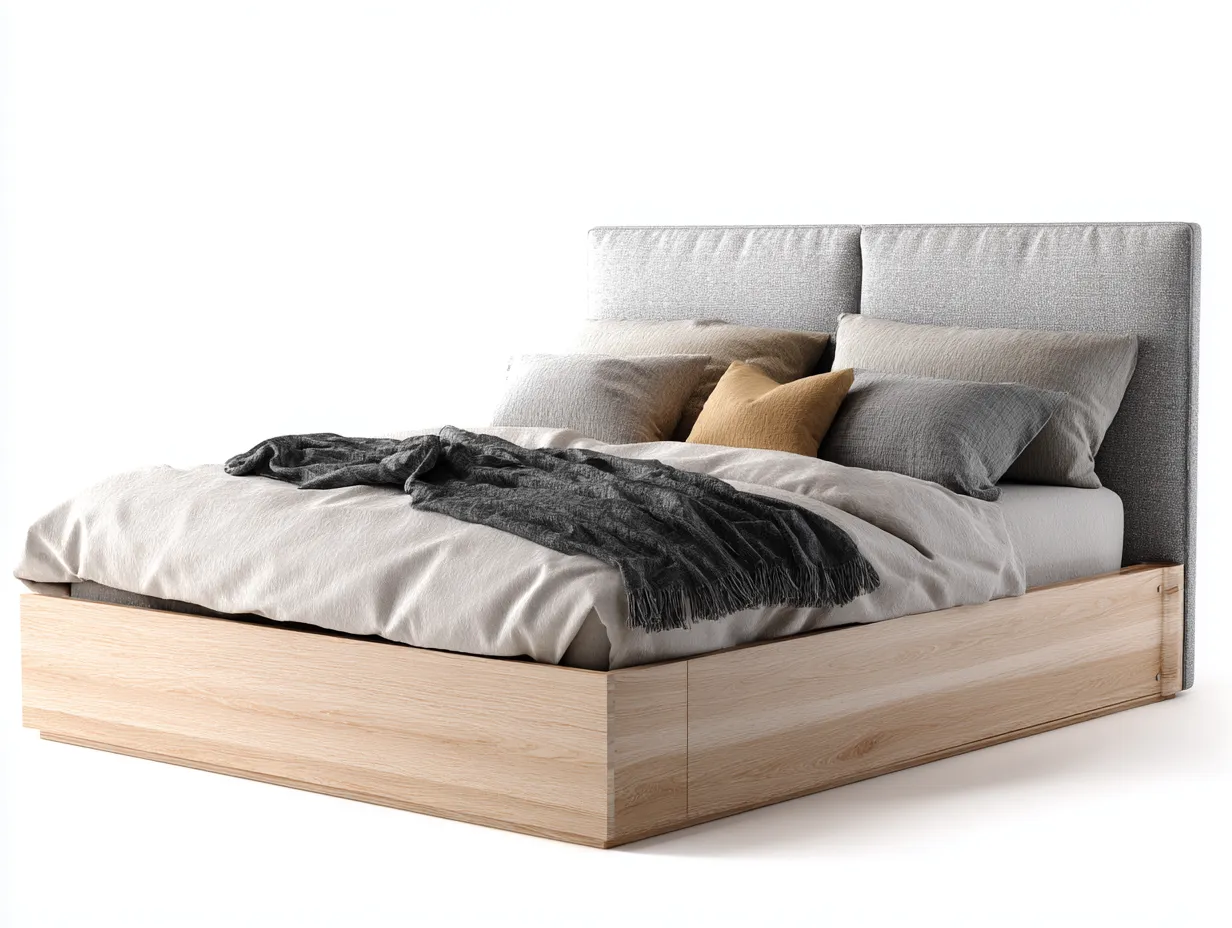 Letto matrimoniale - Tessuto-Legno - 208x168x100 cm - Legno chiaro-Grigio - Stile moderno-Craftuphaus