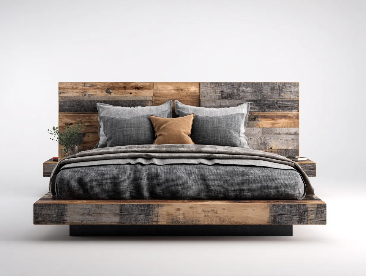 Letto matrimoniale - Legno massello - 210x170x98 cm - Marrone naturale-Grigio - Stile industriale-Craftuphaus