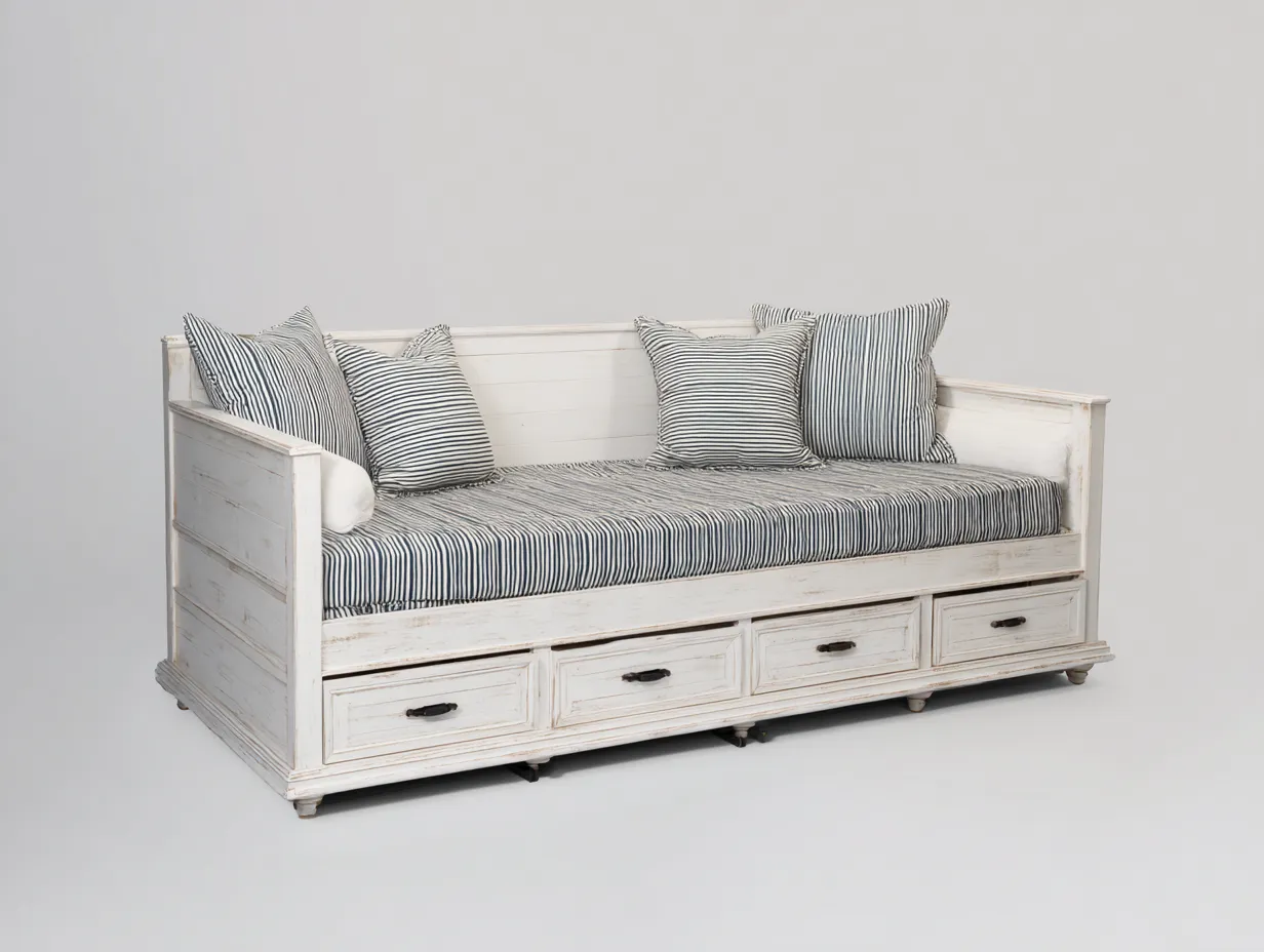Divano letto - Legno-Tessuto - 214x98x84 cm - Bianco-Blu - Stile country-Craftuphaus