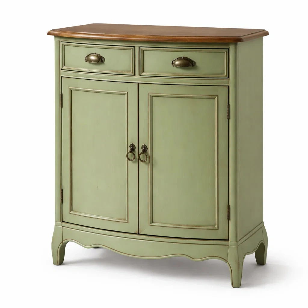 Buffet en bois massif vert avec dessus en bois et deux tiroirs-dreamsnugz