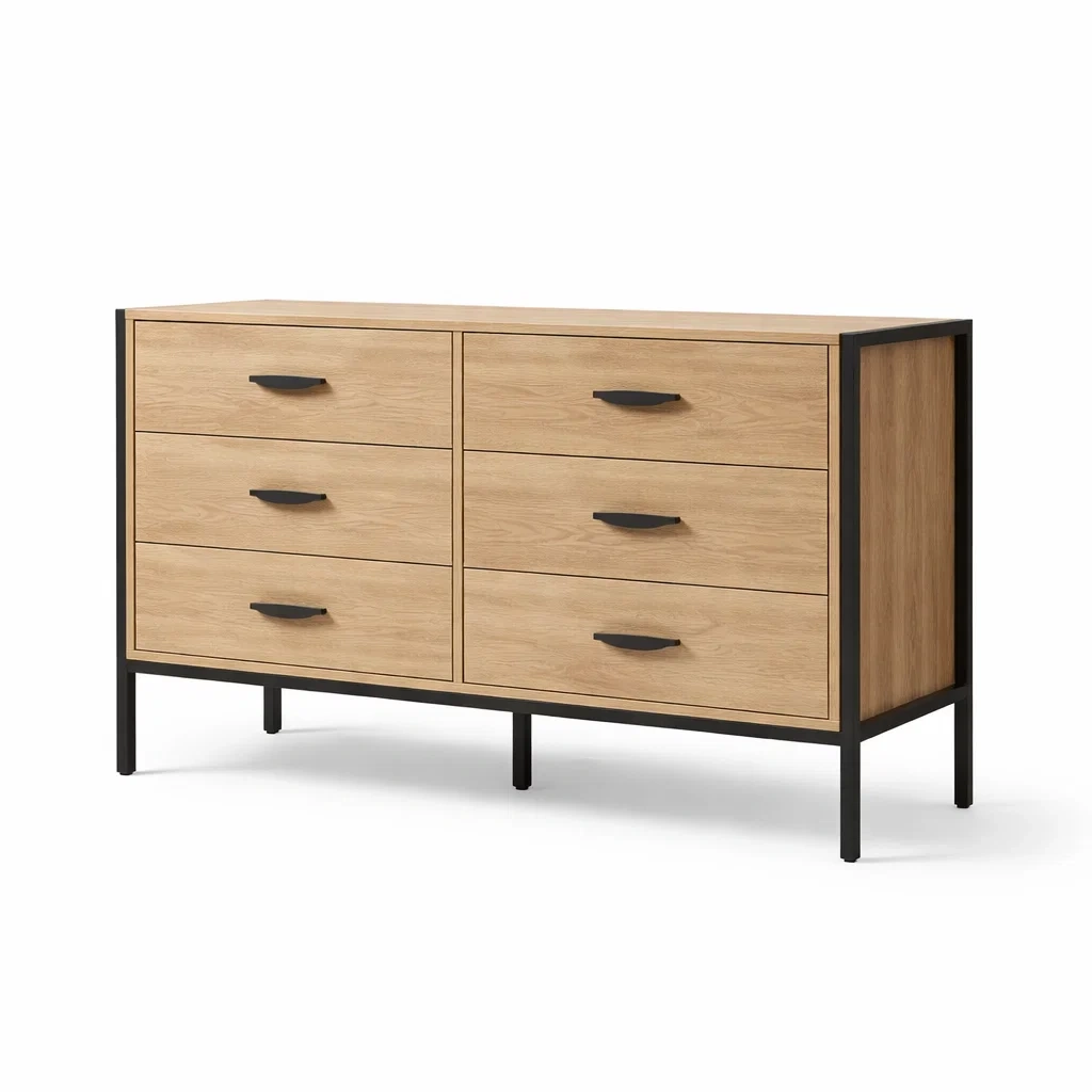 Bois MDF et Métal Commode 6 Tiroirs Chêne et Noir-dreamsnugz
