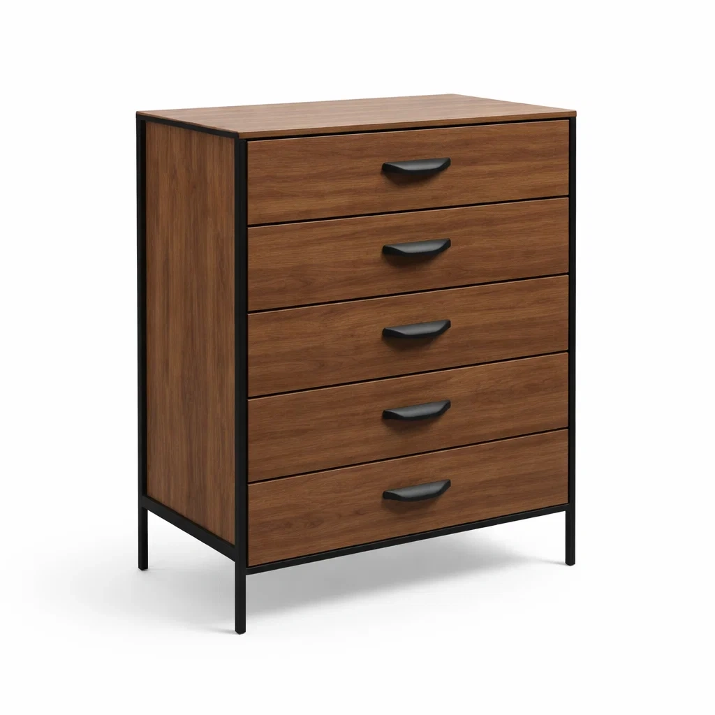 Contreplaqué et Métal Noir Commode 5 Tiroirs 80x40x120 cm-dreamsnugz