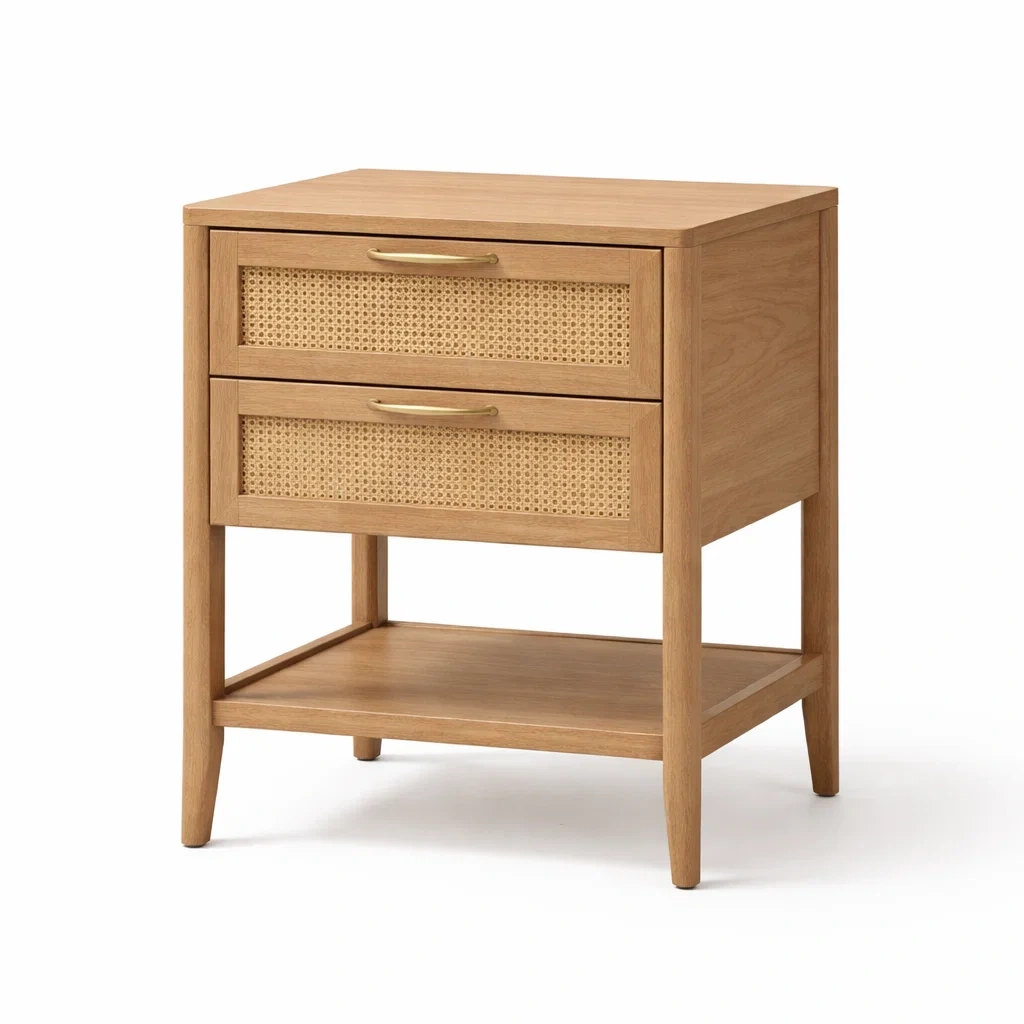 Bois de Chêne Table de chevet avec Tiroirs en Rotin-dreamsnugz