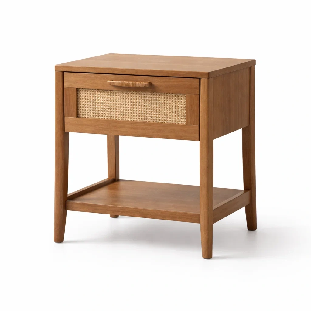 Bois et Rotin Tissé Table de chevet avec Étagère-dreamsnugz