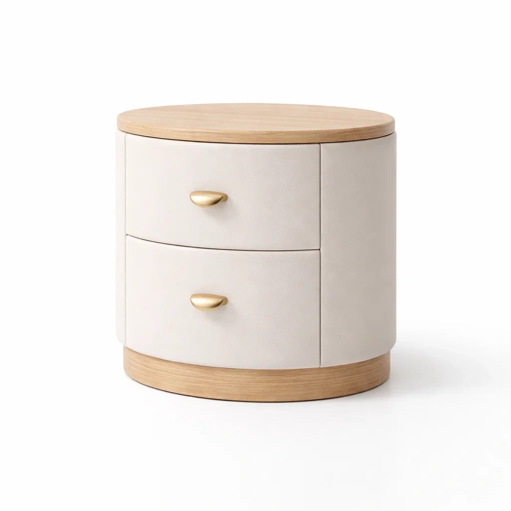 Bois Ronde Table de chevet avec 2 Tiroirs et Tissu Beige-dreamsnugz