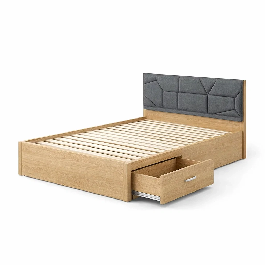 Lit avec rangement double en bois avec tiroirs et tête de lit rembourrée chêne et gris-dreamsnugz