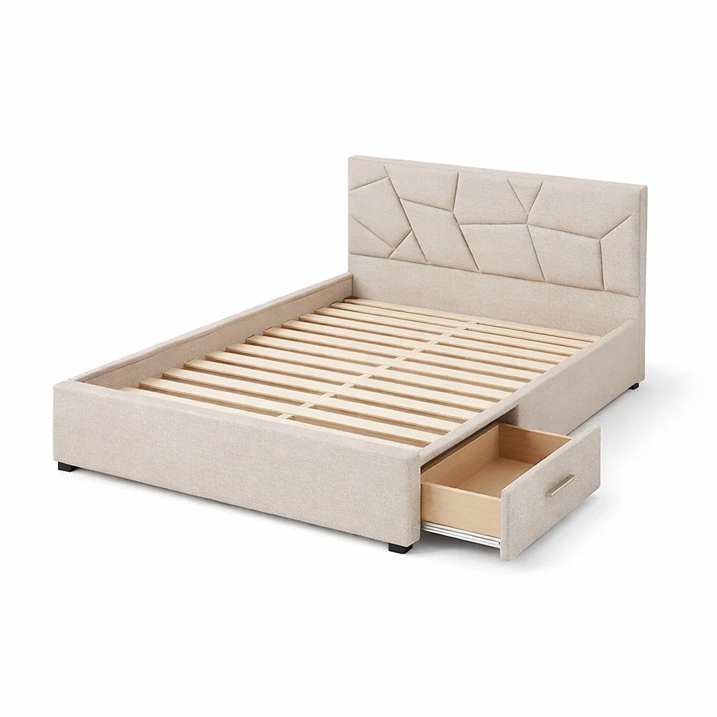 Lit avec rangement double en bois et tissu beige avec rangements et tiroirs-dreamsnugz