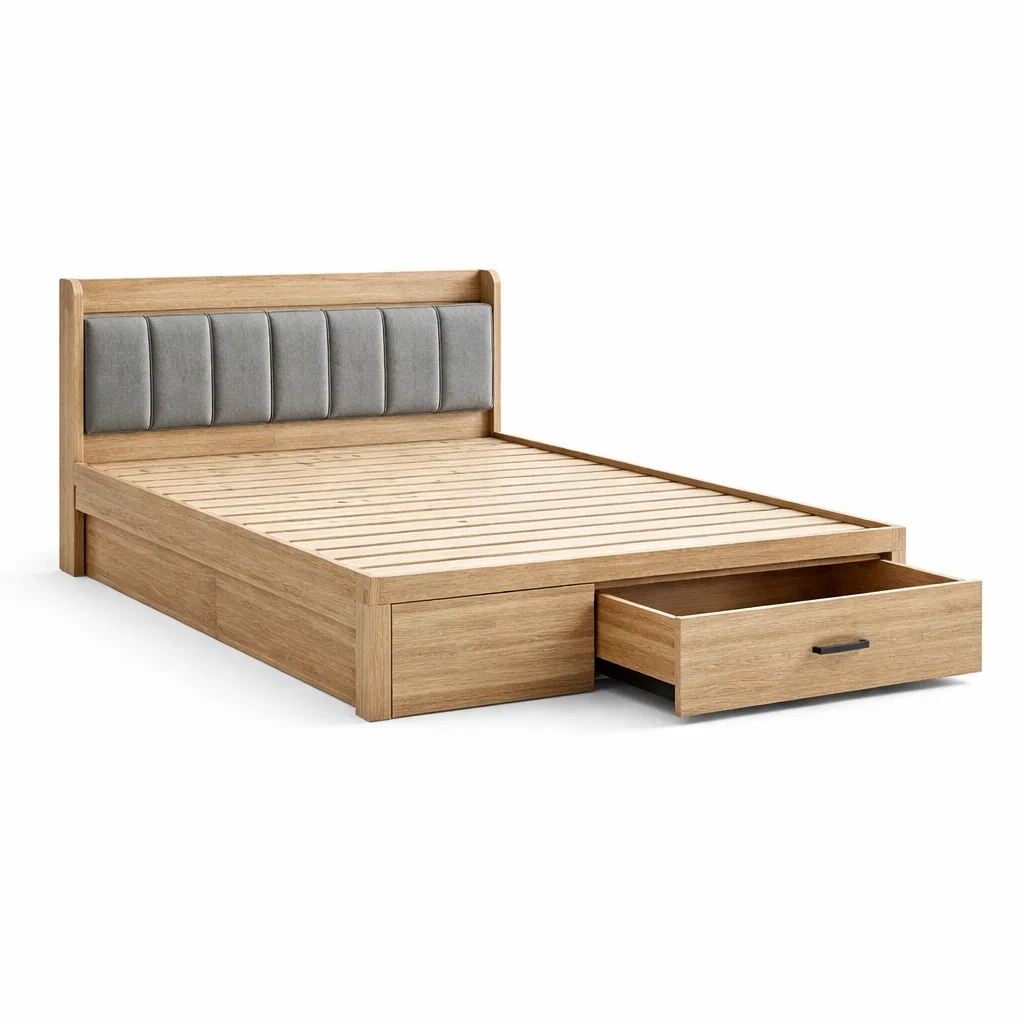 Lit avec rangement double en bois avec tête de lit en tissu et tiroirs-dreamsnugz