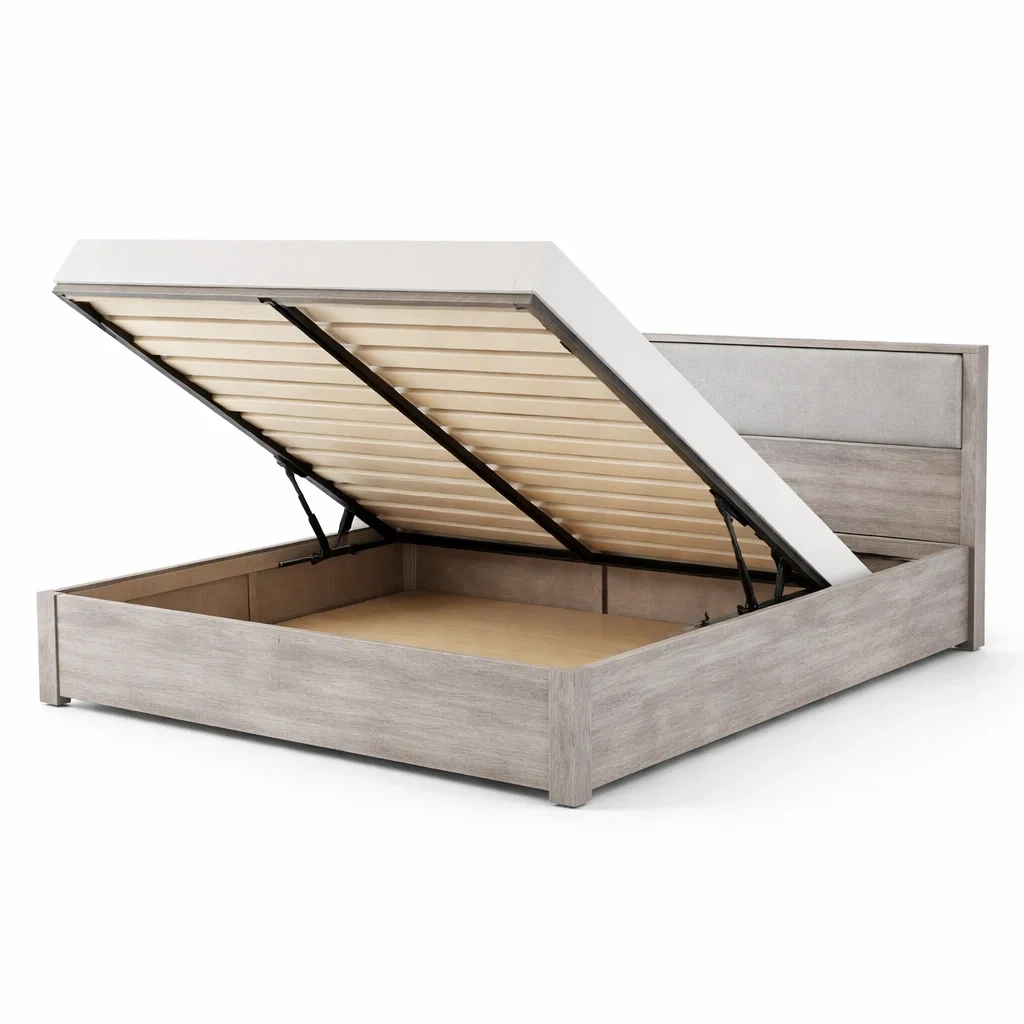 Lit avec rangement en bois aggloméré chêne clair avec tête de lit rembourrée-dreamsnugz