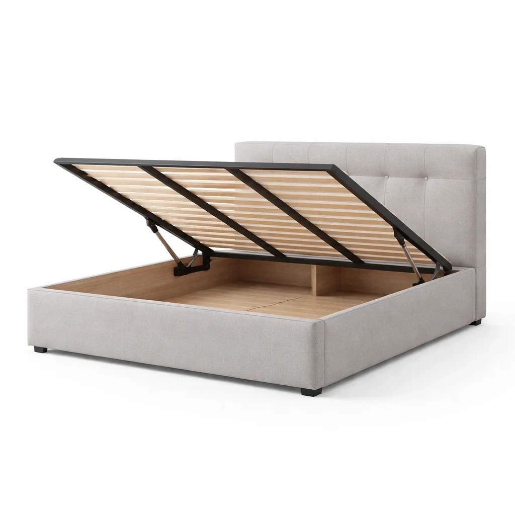 Lit avec rangement double en bois et tissu avec rangement gris-dreamsnugz