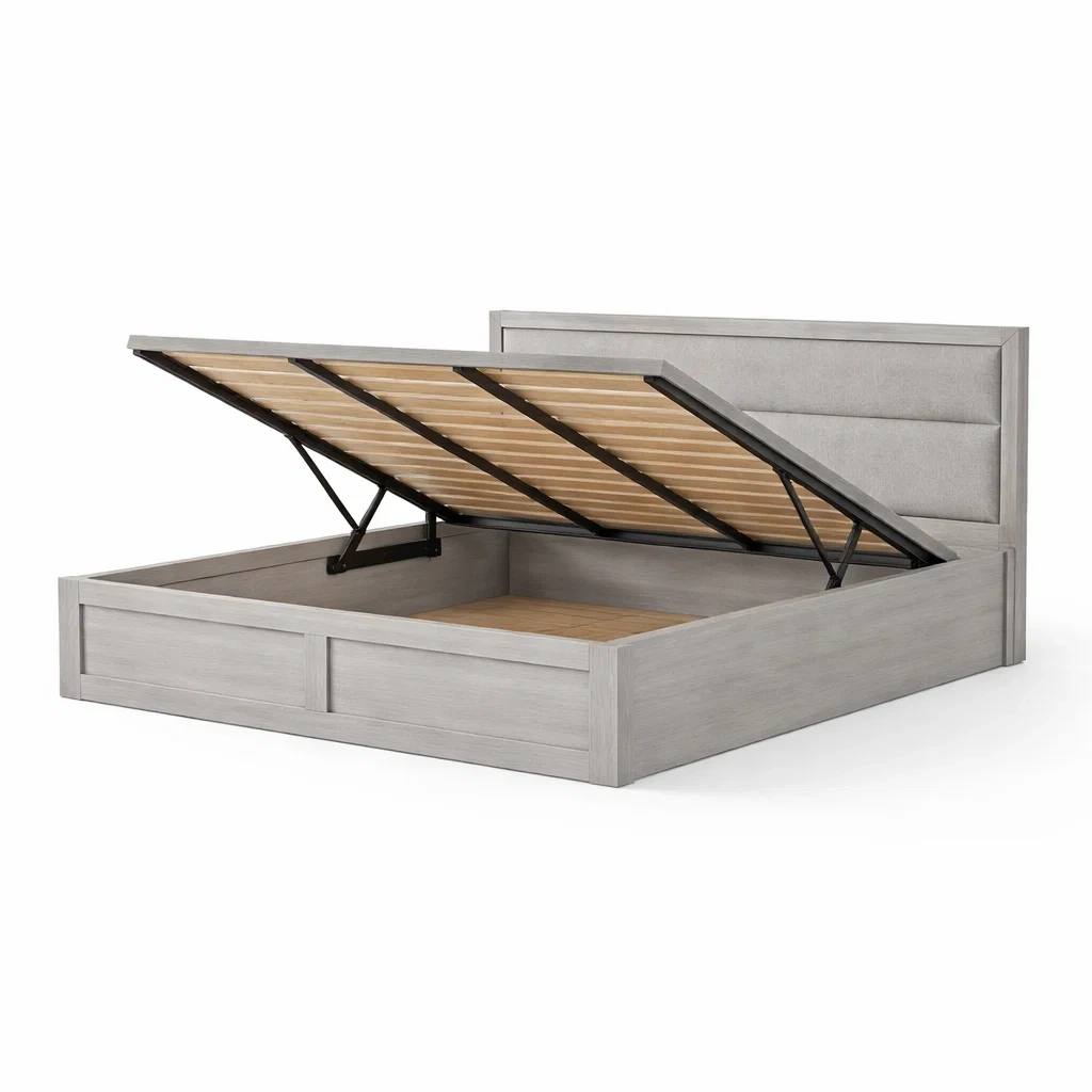 Lit avec rangement en bois et tissu gris avec sommier-dreamsnugz