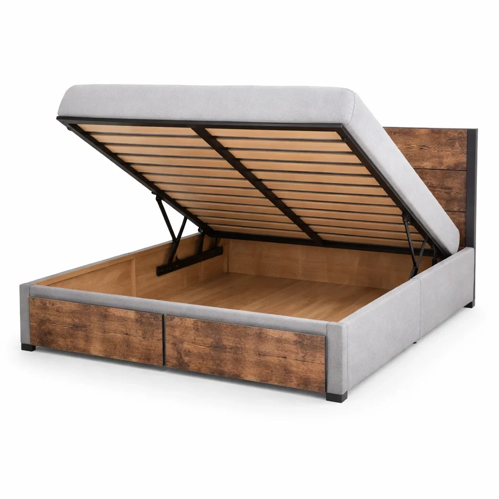 Lit avec rangement en bois avec textile gris-dreamsnugz