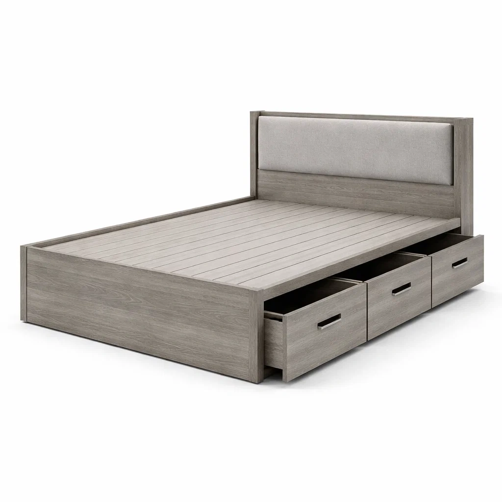 Lit avec rangement double en bois avec rangement et tête de lit en tissu-dreamsnugz