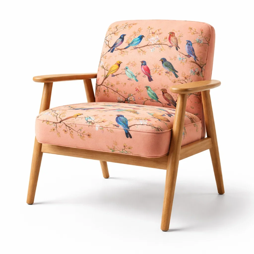Bois d’Érable Fauteuil avec Tissu Polyester Imprimé Oiseaux-dreamsnugz