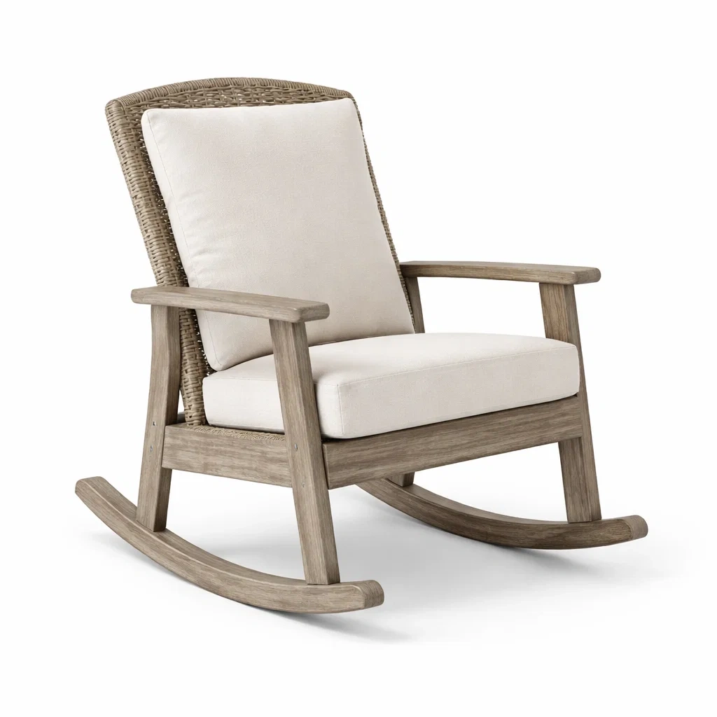 Bois d’Acacia et Résine Tressée Beige Fauteuil à bascule-dreamsnugz