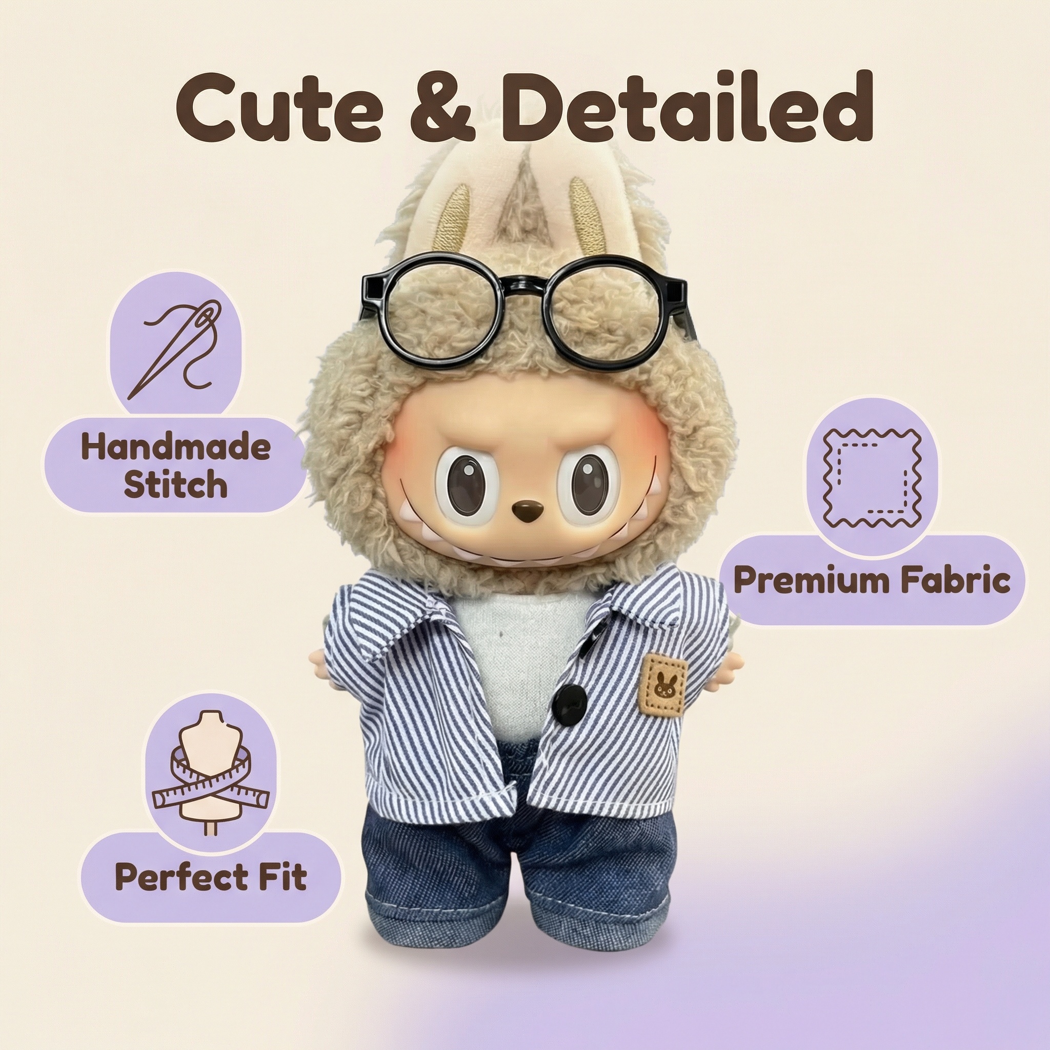 Cute 17CM Doll Clothes Set – Striped Shirt, Jeans & Glasses