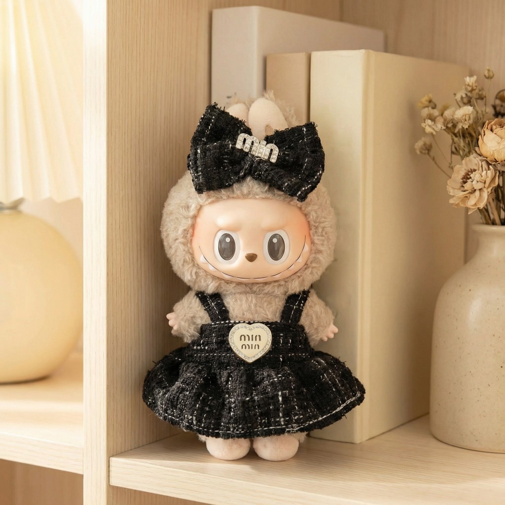 17CM Doll Clothes Set – Black Dress with Bow Headband, Perfect Gift for Mini Dolls