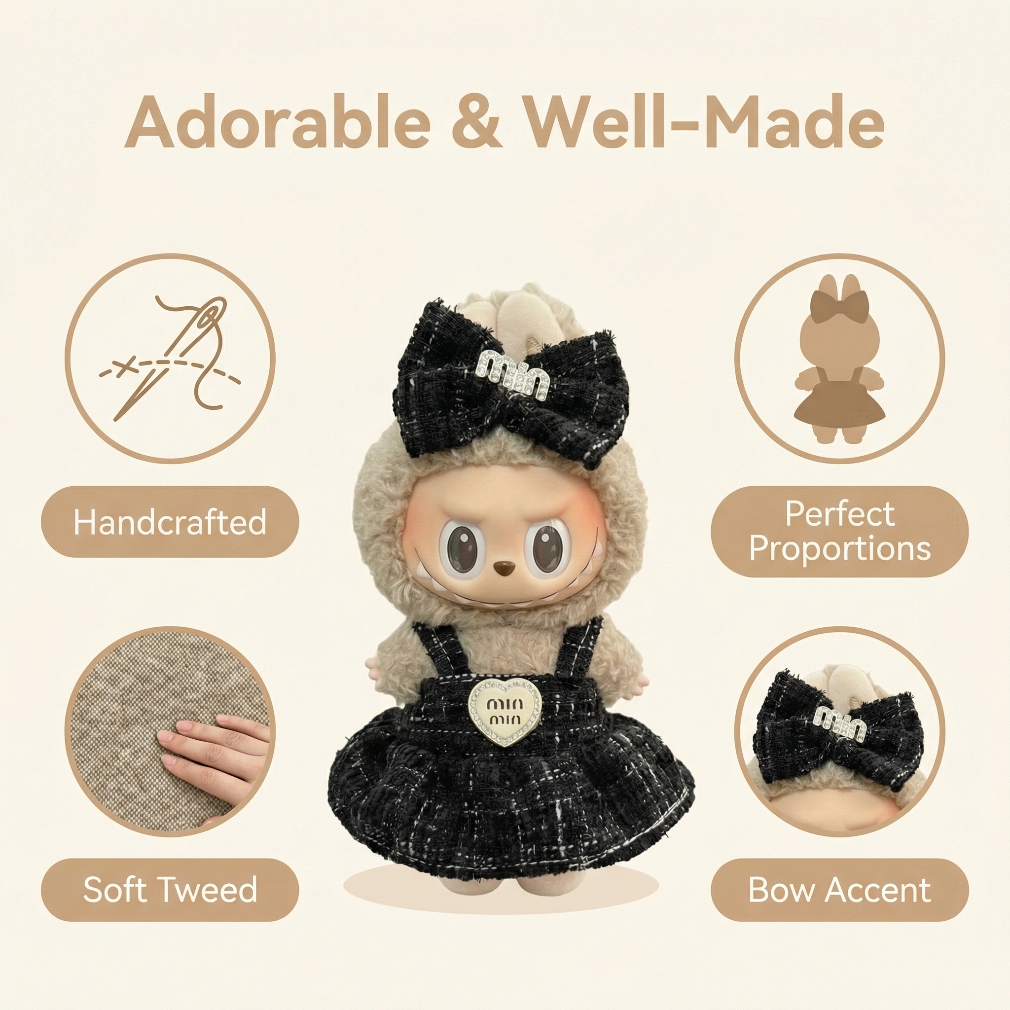 17CM Doll Clothes Set – Black Dress with Bow Headband, Perfect Gift for Mini Dolls