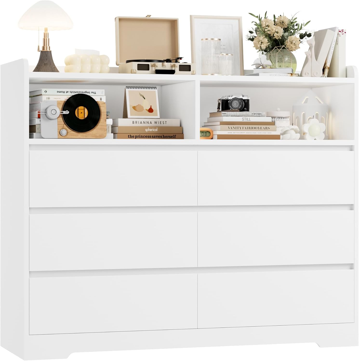 FOREHILL Commode Chambre Commode 6 Tiroirs 3 Étagères Ouvertes Commodes Chambre Adulte Meuble Armoire de Rangement pour Salon Bureau Couloir Blanc 120x40x100cm-Oakmypad
