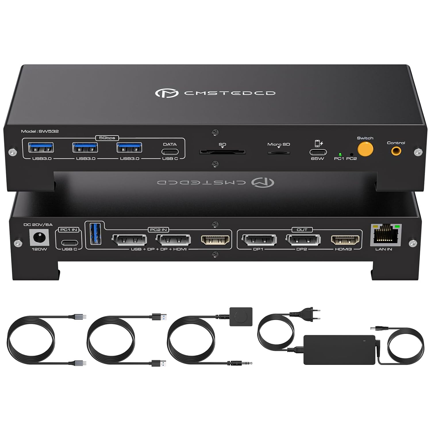 CMSTEDCD USB C KVM Docking Station pour Laptop Desktop 100W PD 4K60Hz HDMI Displayport Conmutador KVM 2 PC 3 Moniteurs 16-in-1, 1000Mbps Ethernet, 3xUSB 3.0, USB-C, 65W PD, Slot pour Carte SD-Oakmypad