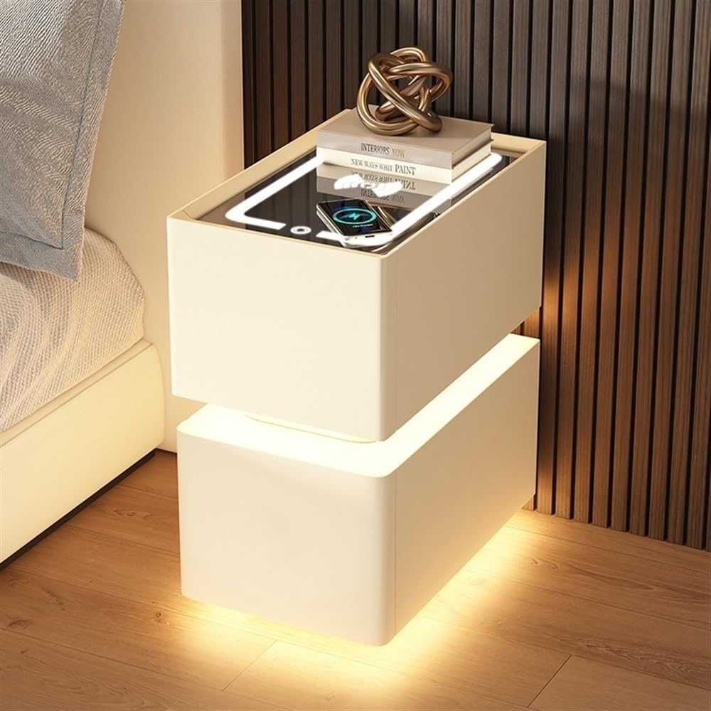 Table de chevet intelligente et étroite avec chargement sans fil, table de chevet LED, 2 tiroirs, plateau en verre trempé, cuir microfibre, idéale pour les petits espaces (beige, 30 x 40 x 48 cm)-Oakmypad