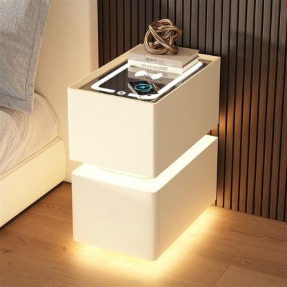 Table de chevet intelligente et étroite avec chargement sans fil, table de chevet LED, 2 tiroirs, plateau en verre trempé, cuir microfibre, idéale pour les petits espaces (beige, 30 x 40 x 48 cm)-Oakmypad