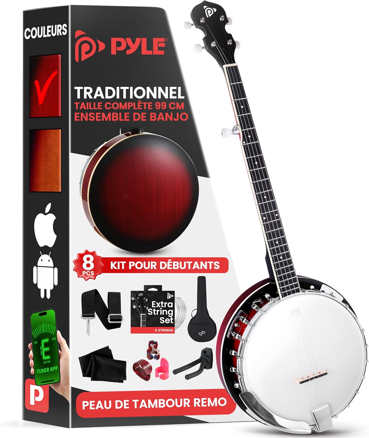 Pyle Banjo Kit avec Tête Remo et Résonateur en Sapelli, Instrument Traditionnel Taille Réelle de 99 cm - Banjo 5 cordes - Dos Ouvert ou Fermé, 24 Supports - Kit d'Accessoires Premium (Éclat Rouge)-Oakmypad