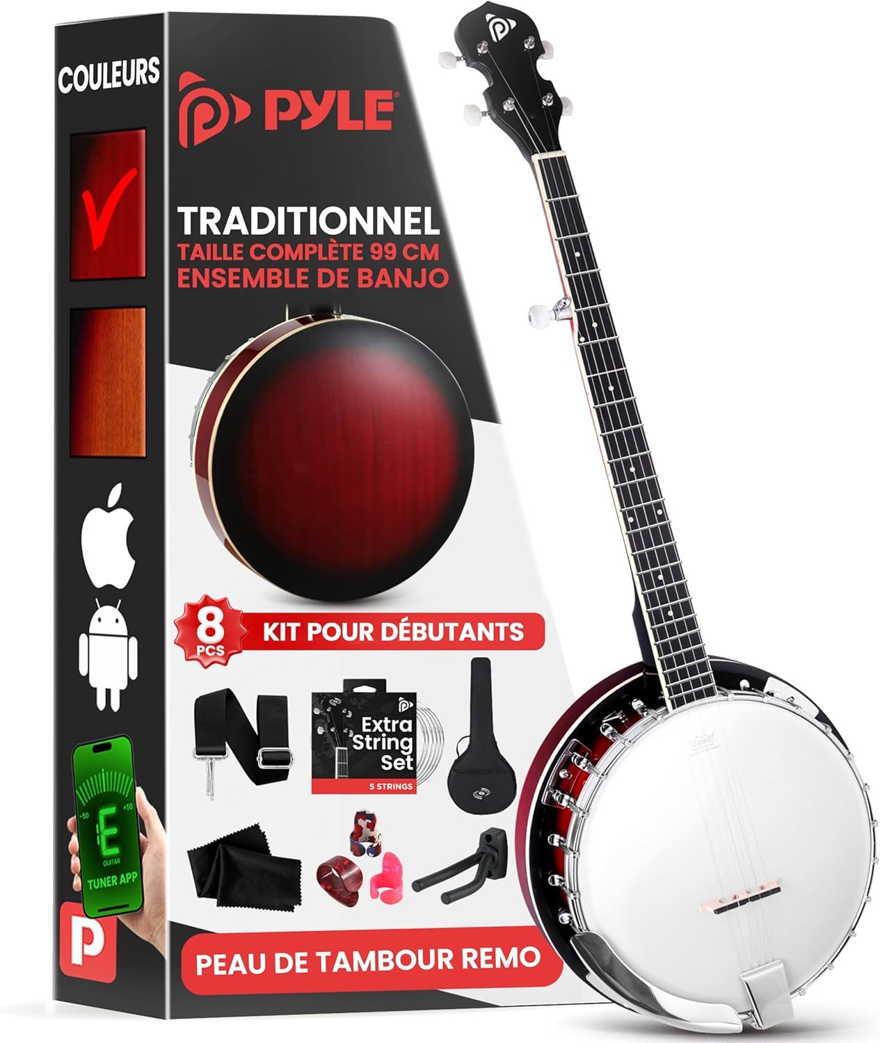 Pyle Banjo Kit avec Tête Remo et Résonateur en Sapelli, Instrument Traditionnel Taille Réelle de 99 cm - Banjo 5 cordes - Dos Ouvert ou Fermé, 24 Supports - Kit d'Accessoires Premium (Éclat Rouge)-Oakmypad