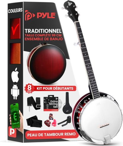Pyle Banjo Kit avec Tête Remo et Résonateur en Sapelli, Instrument Traditionnel Taille Réelle de 99 cm - Banjo 5 cordes - Dos Ouvert ou Fermé, 24 Supports - Kit d'Accessoires Premium (Éclat Rouge)-Oakmypad