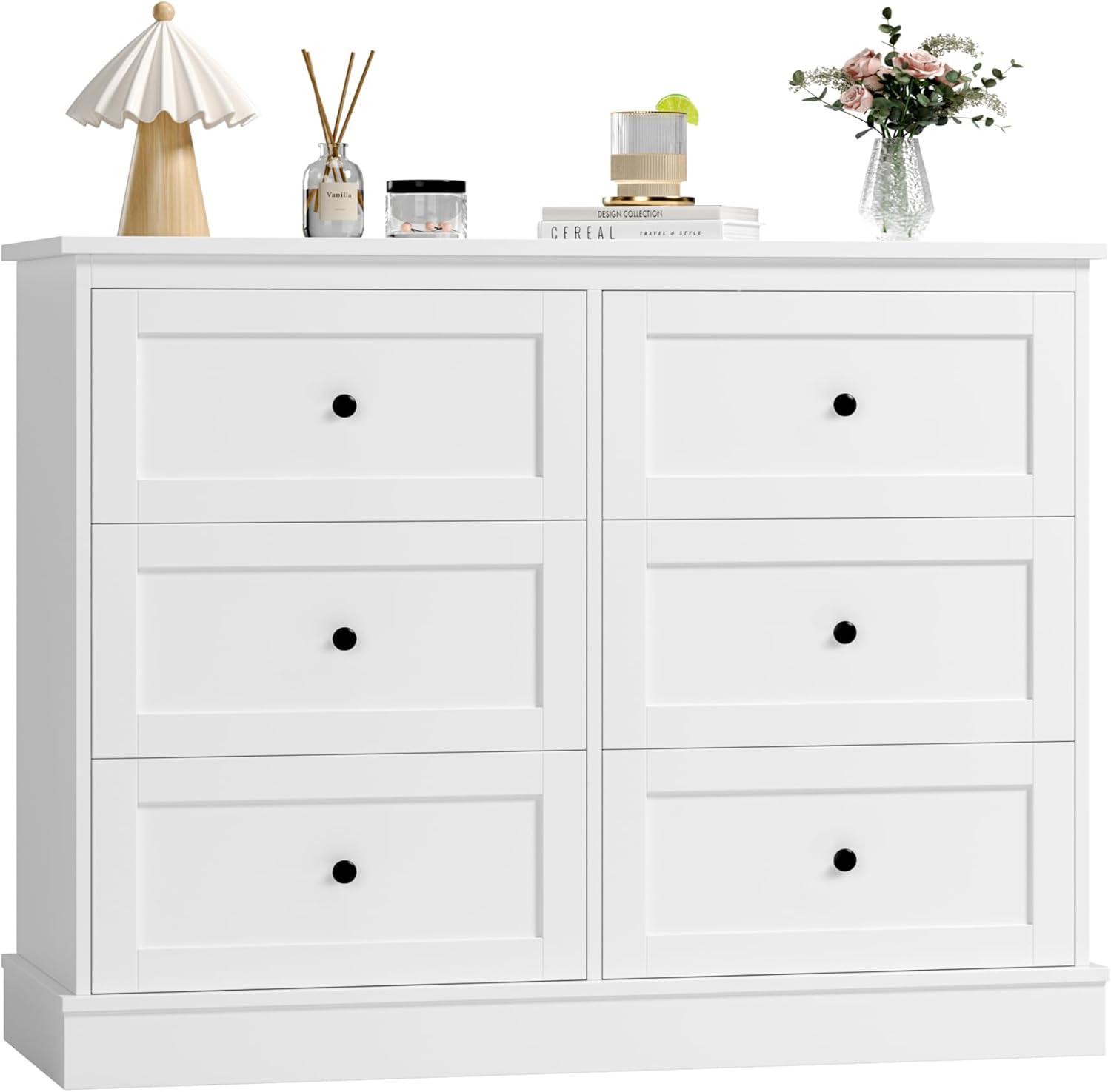 FOREHILL Commode Chambre Blanche Commode 6 Tiroirs Meuble de Rangement Chambre Adulte en Bois, Style Moderne 108x40x87cm-Oakmypad