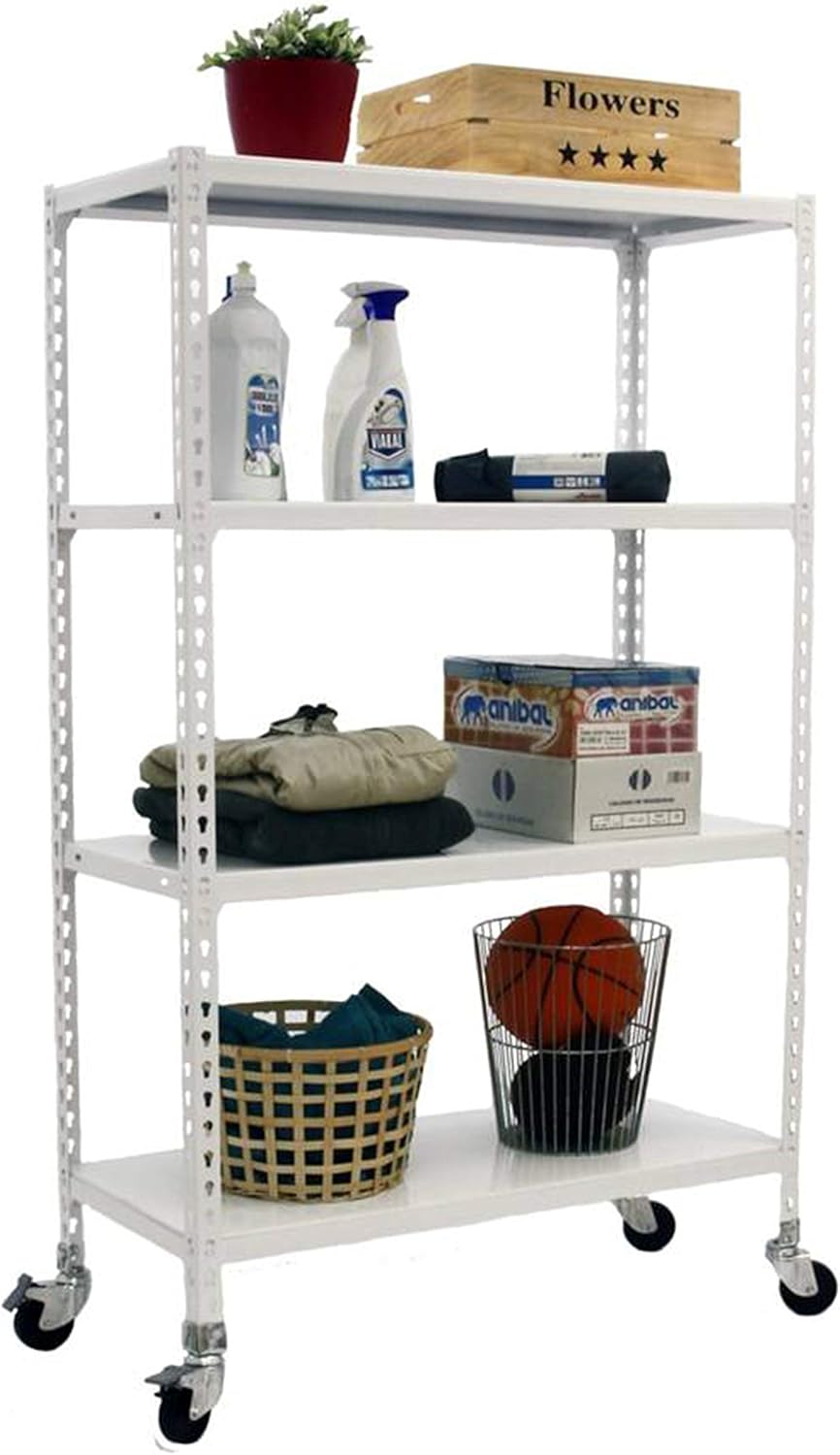 Simon Rack Étagère Rangement et 4 Niveaux, 75 kg Capacité de Charge et Point de Flexion, 1575x800x500 mm, Étagère à Roulettes, Étagère Garage, Blanc - Simonclick-Oakmypad