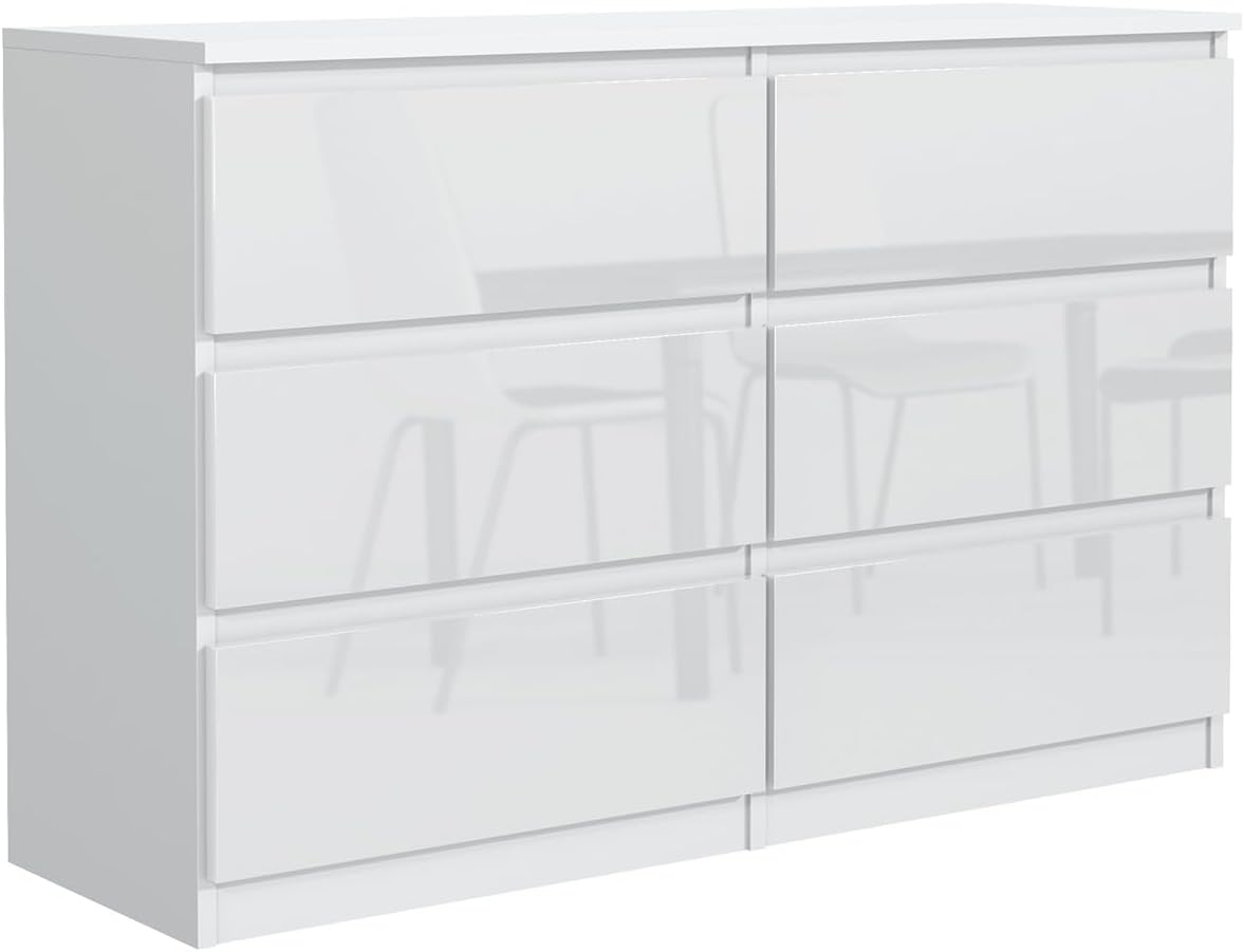 MebLocker Commode 6 Tiroirs Blanc et Brillant 140 cm - Design Minimaliste - 138,5 x 39 x 78,5 cm - Meuble de Rangement Spacieux pour Chambre, Salon ou Bureau-Oakmypad
