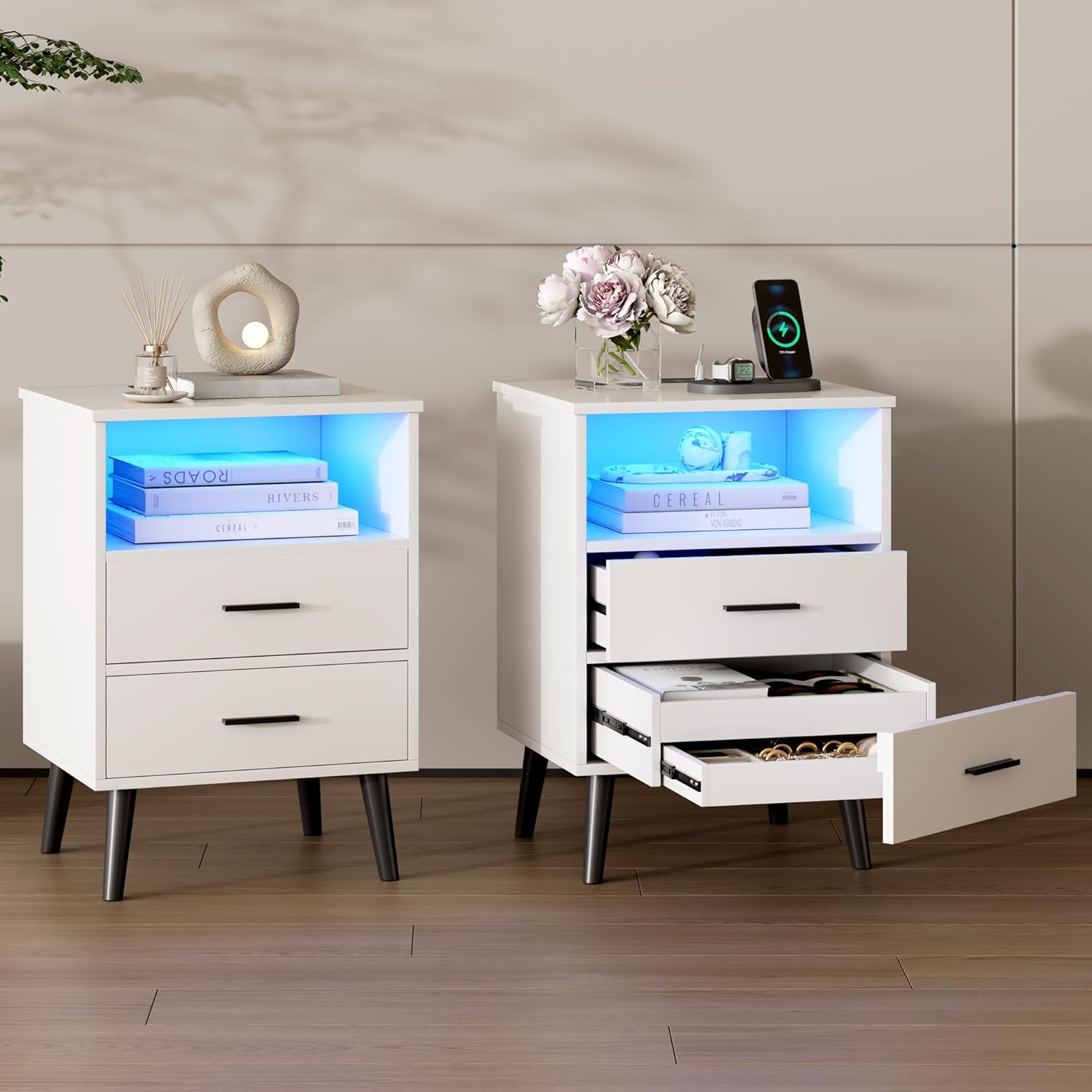 Vlsrka LED Table de Chevet Lot de 2 avec Cachette Secrete, Table de Chevet avec Fonction de Charge, Moderne Table de Nuit avec 3 Tiroirs, Tables de Chevet en Bois pour Chambre à Coucher, Blanc-Oakmypad