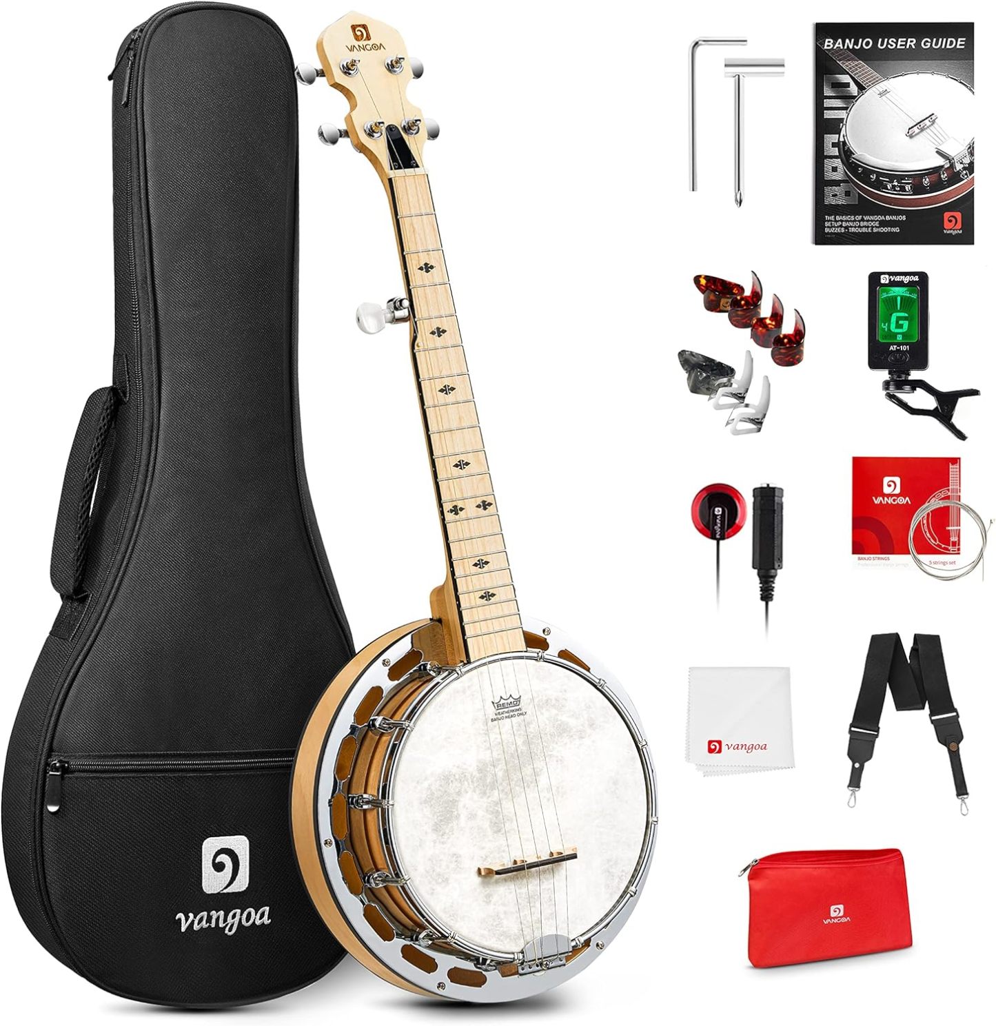 Vangoa Banjo 5 Cordes Avec Anneau De Tonalité, Kit De Débutant Pour Mini Banjo De 28 Pouces, Petit Banjo Portable à 5 Cordes En érable Avec Tête Fiberskyn Remo, 5e Accordeur à Engrenages-Oakmypad