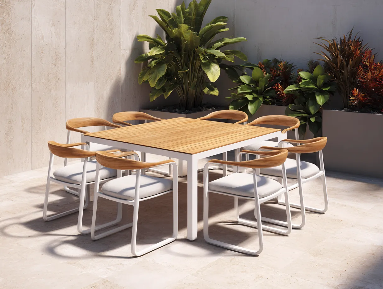 Salon de jardin repas extérieur en aluminium et bois 160x160x75 cm - blanc - bois naturel - ensemble repas design moderne-Oakmypad