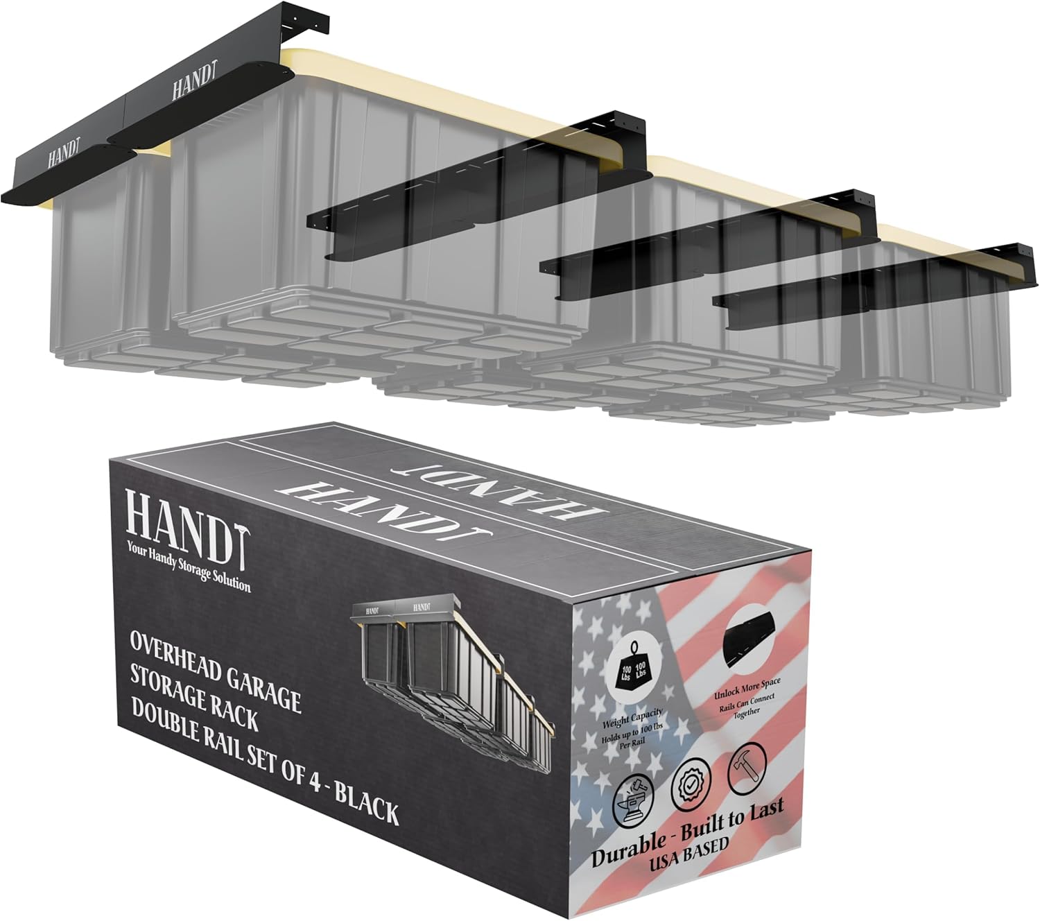 HANDT Étagère de rangement pour garage, rails de plafond en métal robuste connectables pour système d'organisation de rangement de garage (noir, 6 bacs)-Oakmypad
