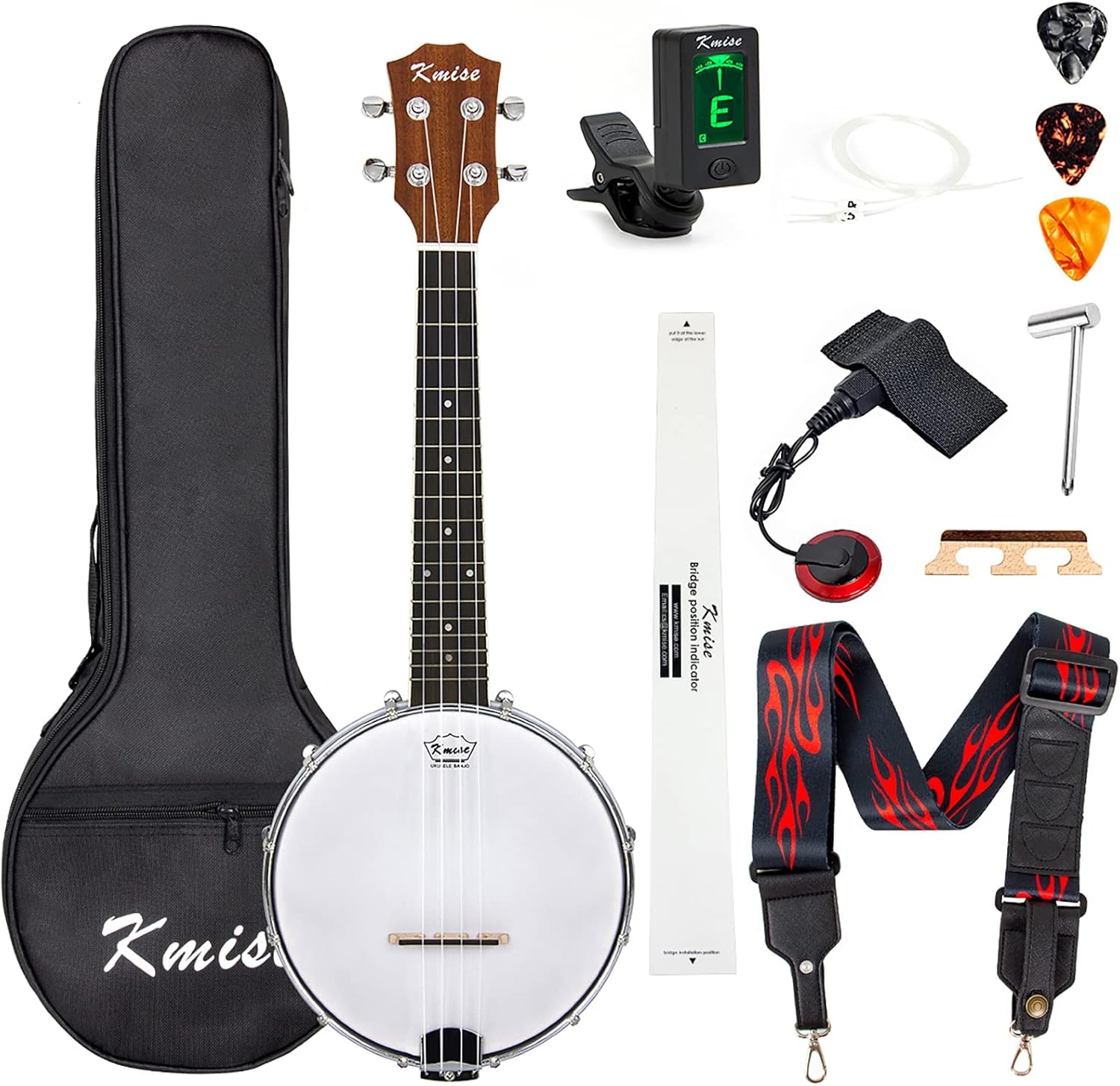 Kmise Banjolele de concert, 58,4 cm Sapele portable 4 cordes, mini ukulélé banjo, avec sac de transport, accordeur, sangle de banjos, cordes, micro piézoélectrique, médiators, règle, clé, kit de pont-Oakmypad