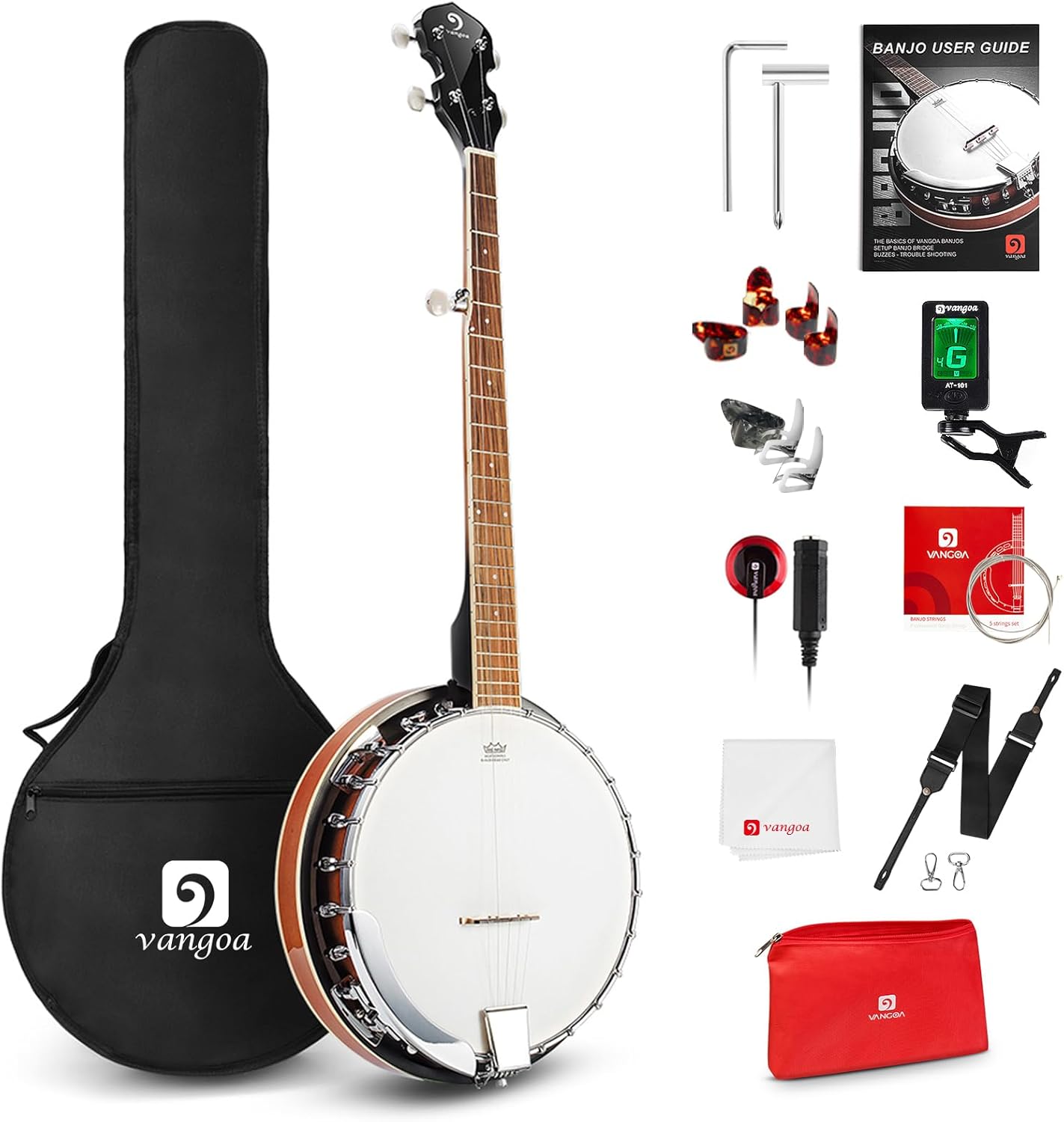 Vangoa Banjo Banjo Ensemble de banjos à 5 cordes avec résonateur, tête Remo, kit de banjo pour débutants avec dos fermé, accessoires de qualité supérieure pour adultes, adolescents-Oakmypad