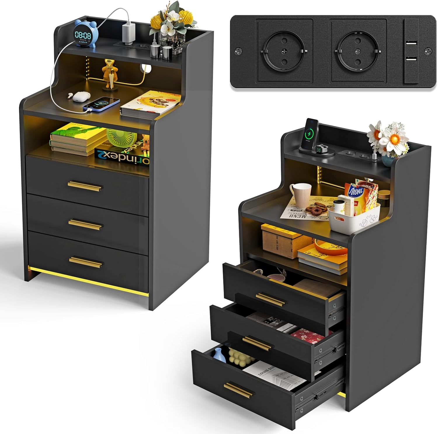 Rcynview Lot de 2 Tables de Chevet avec 3 tiroirs, 2 Compartiments de Rangement, LED avec Ports USB et Prises, Table de Nuit, Chambre à Coucher, Table d'appoint, Salon, 40 x 45 x 76 cm - Noir-Oakmypad