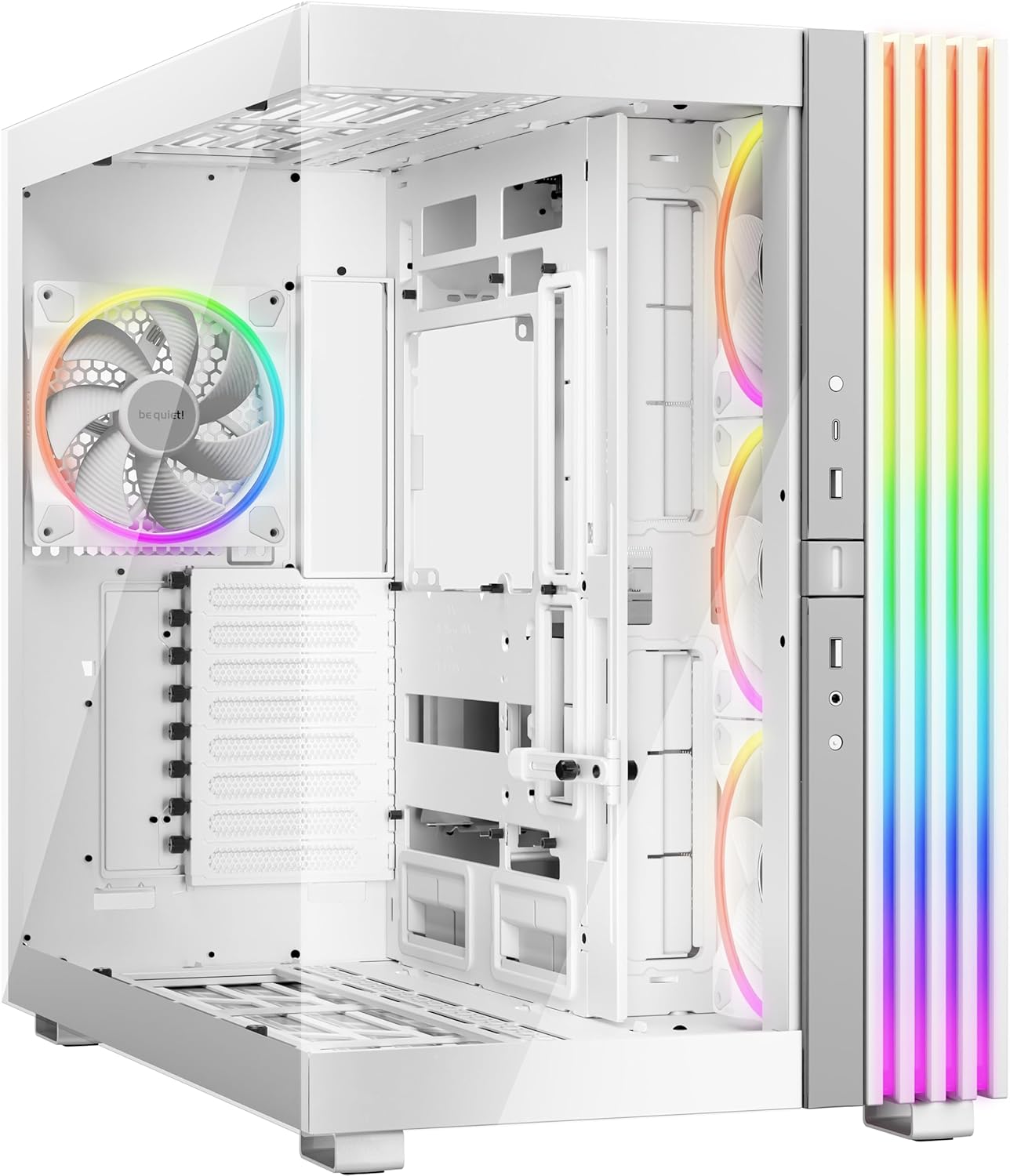 be quiet Light Base 900 FX White boîtier PC, Panneaux Avant et latéral entièrement vitrés, Éclairage Impressionnant, 4 Ventilateurs Light Wings 140 mm PWM, Inversée ou Horizontale-Oakmypad