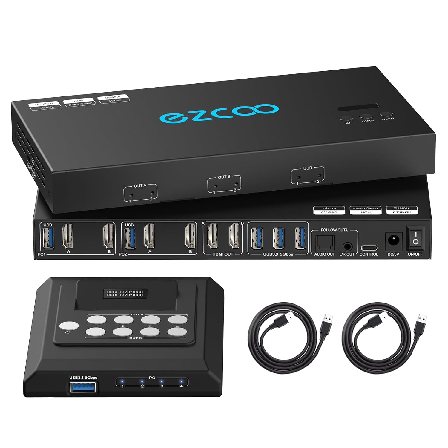 Commutateur KVM HDMI 4K 60Hz Dual Monitor USB 3.0 2 moniteurs 2 ordinateurs EDID émulateurs pour 2 PC partagent 2 écrans et 4 ports USB 3.0 SPDIF L/R Audio Copier Mode d'extension, 2 câbles USB et-Oakmypad