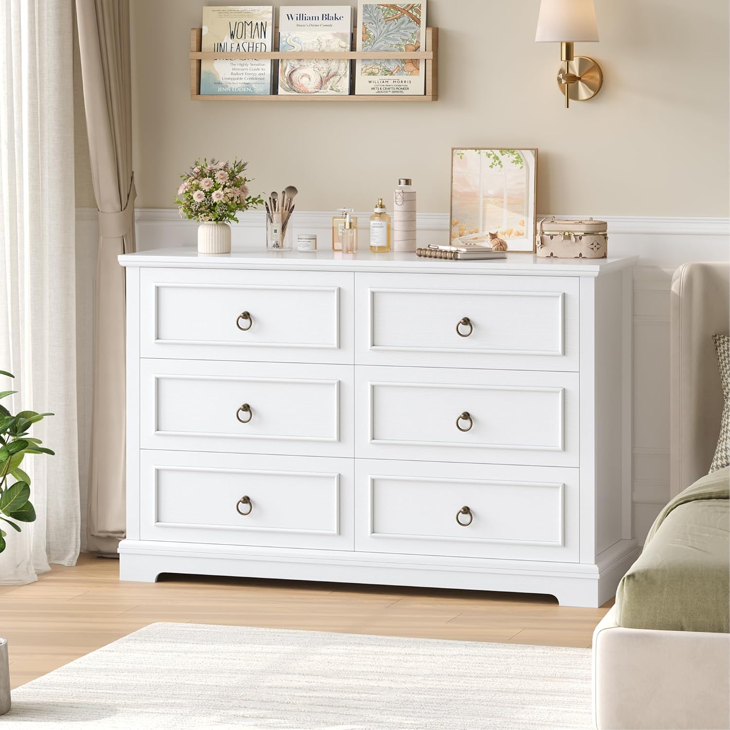 hefoths Commode à 6 tiroirs, 120 cm Large Commode Chambre Adulte avec Grain de Bois et Poignées en Bronze, Buffet Meuble de Rangement Chambre pour Salon, Blanc, 120 x 84 x 40 cm-Oakmypad