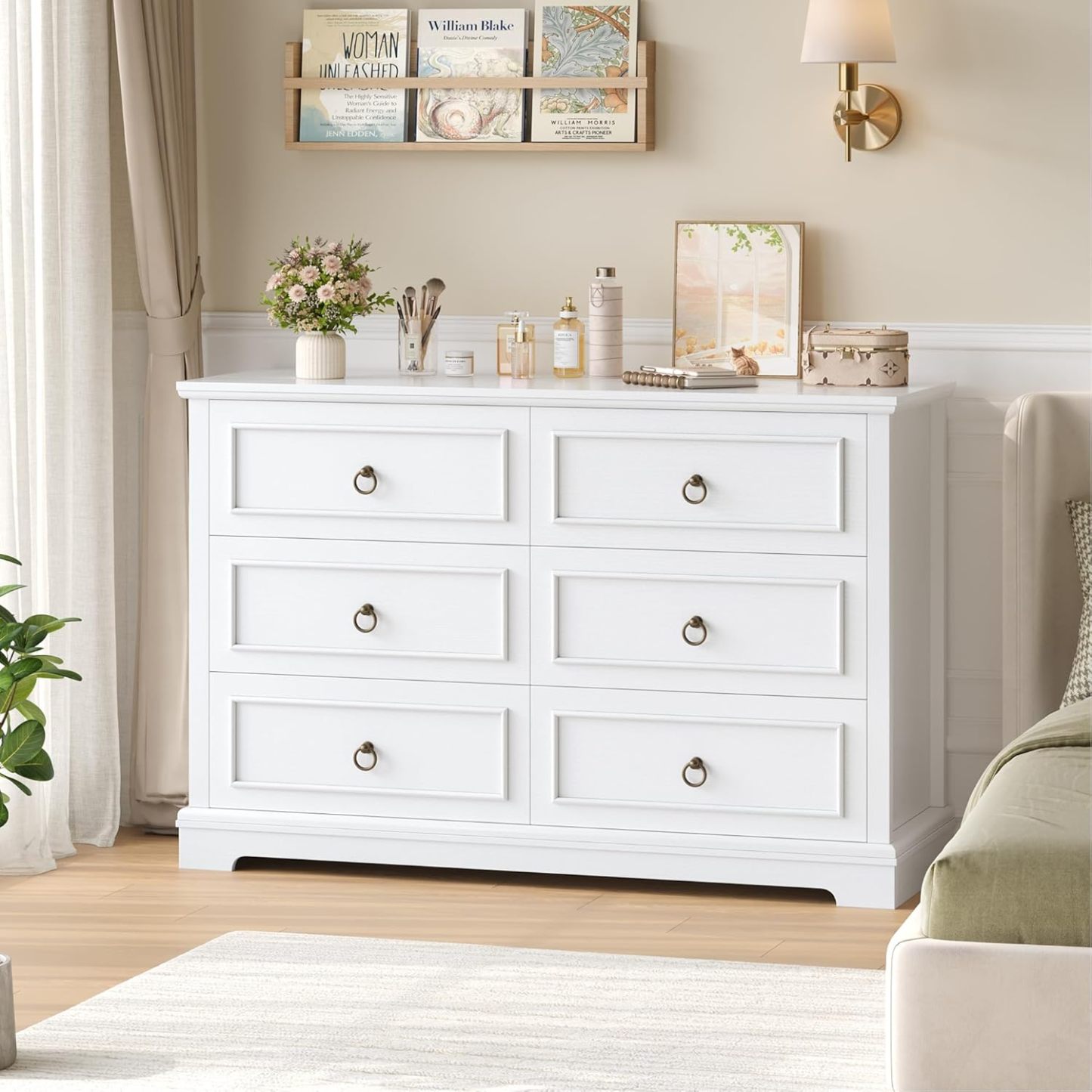 hefoths Commode à 6 tiroirs, 120 cm Large Commode Chambre Adulte avec Grain de Bois et Poignées en Bronze, Buffet Meuble de Rangement Chambre pour Salon, Blanc, 120 x 84 x 40 cm-Oakmypad