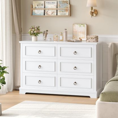 hefoths Commode à 6 tiroirs, 120 cm Large Commode Chambre Adulte avec Grain de Bois et Poignées en Bronze, Buffet Meuble de Rangement Chambre pour Salon, Blanc, 120 x 84 x 40 cm-Oakmypad