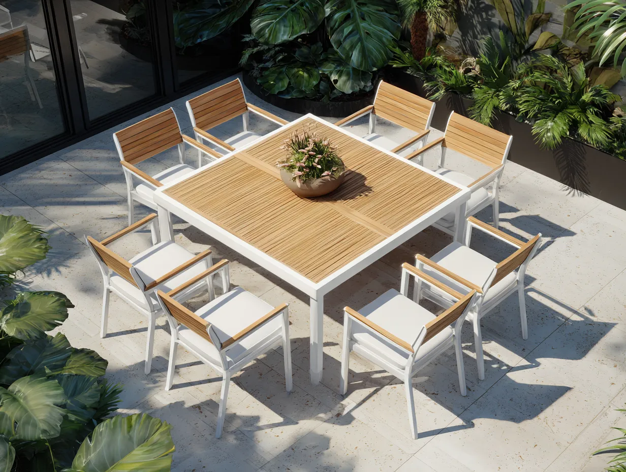 Salon de jardin repas en aluminium et bois 180x180x75 cm - blanc - bois naturel - ensemble repas extérieur design moderne-Oakmypad